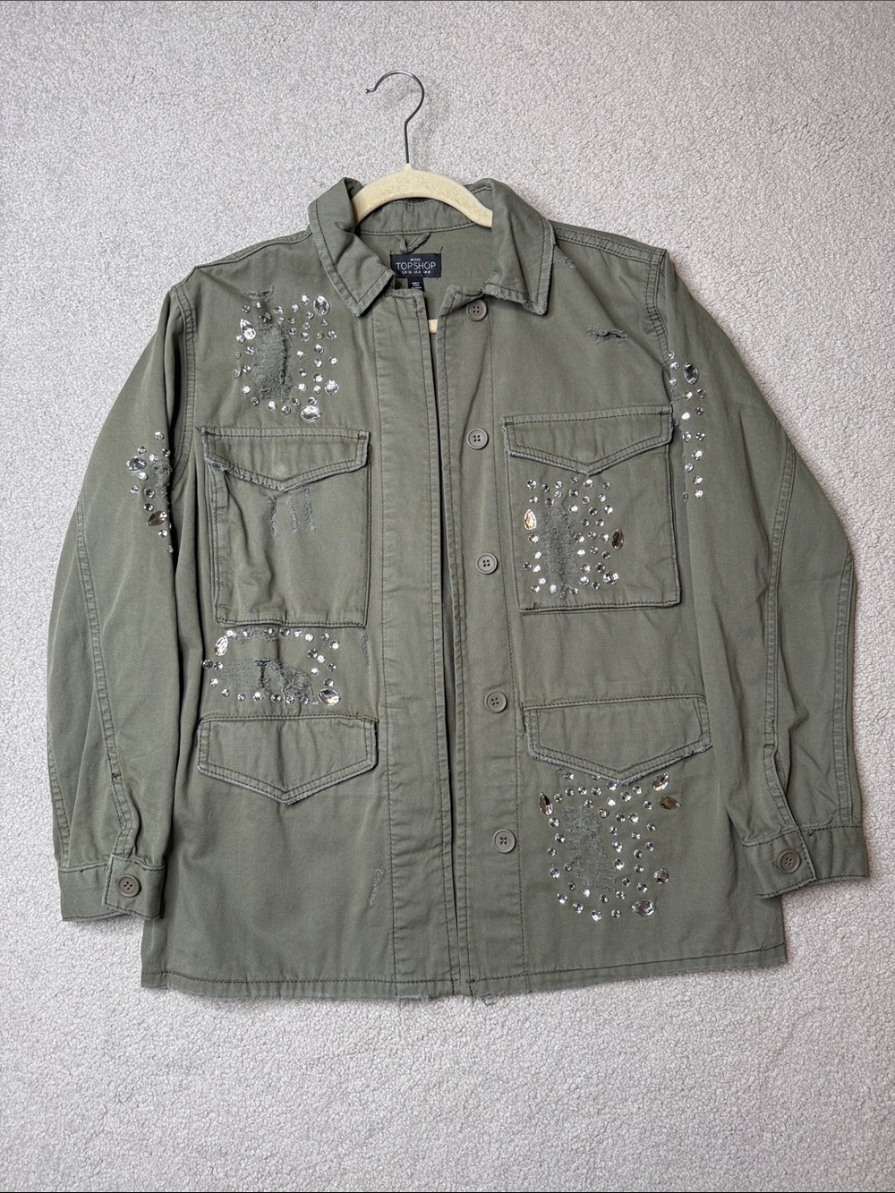 Topshop Green Distressed Military/Utility Crystal Embroidered Shacket/Jacket